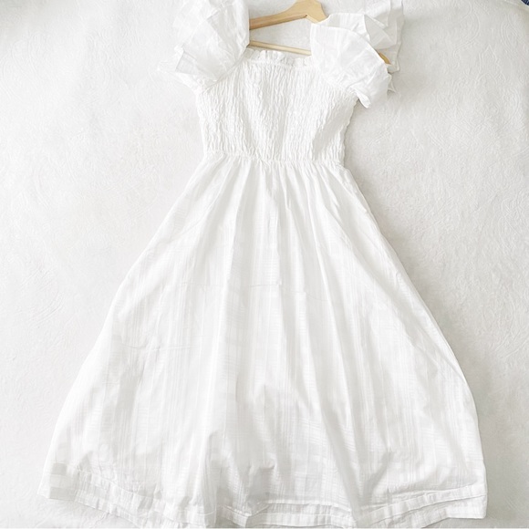 Banana Republic White Smocked Chest Fit & Flare Dress with Ruffle Sleeves - Picture 9 of 12